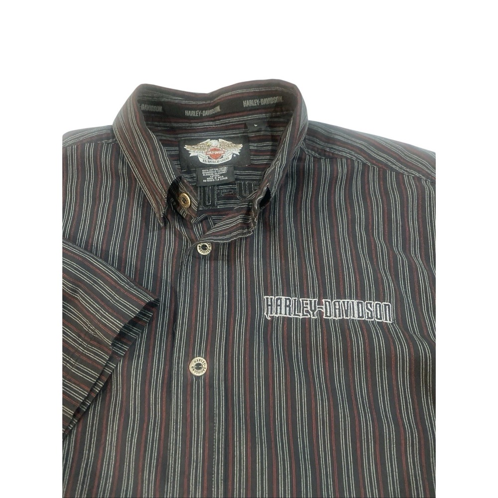 Harley Davidson Mens Large Striped Button Up Short Sleeve Shirt Embroidered Logo